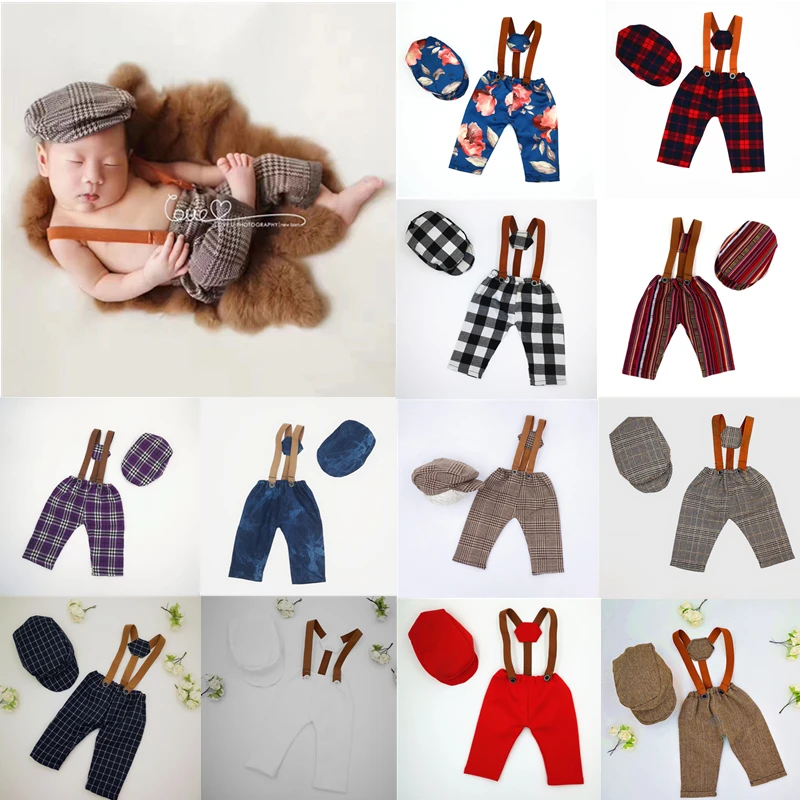 Newborn Photography Clothes Studio Baby Photo Props Accessories Baby Boys Hat+Overalls Set Little Gentleman Plaid Costume