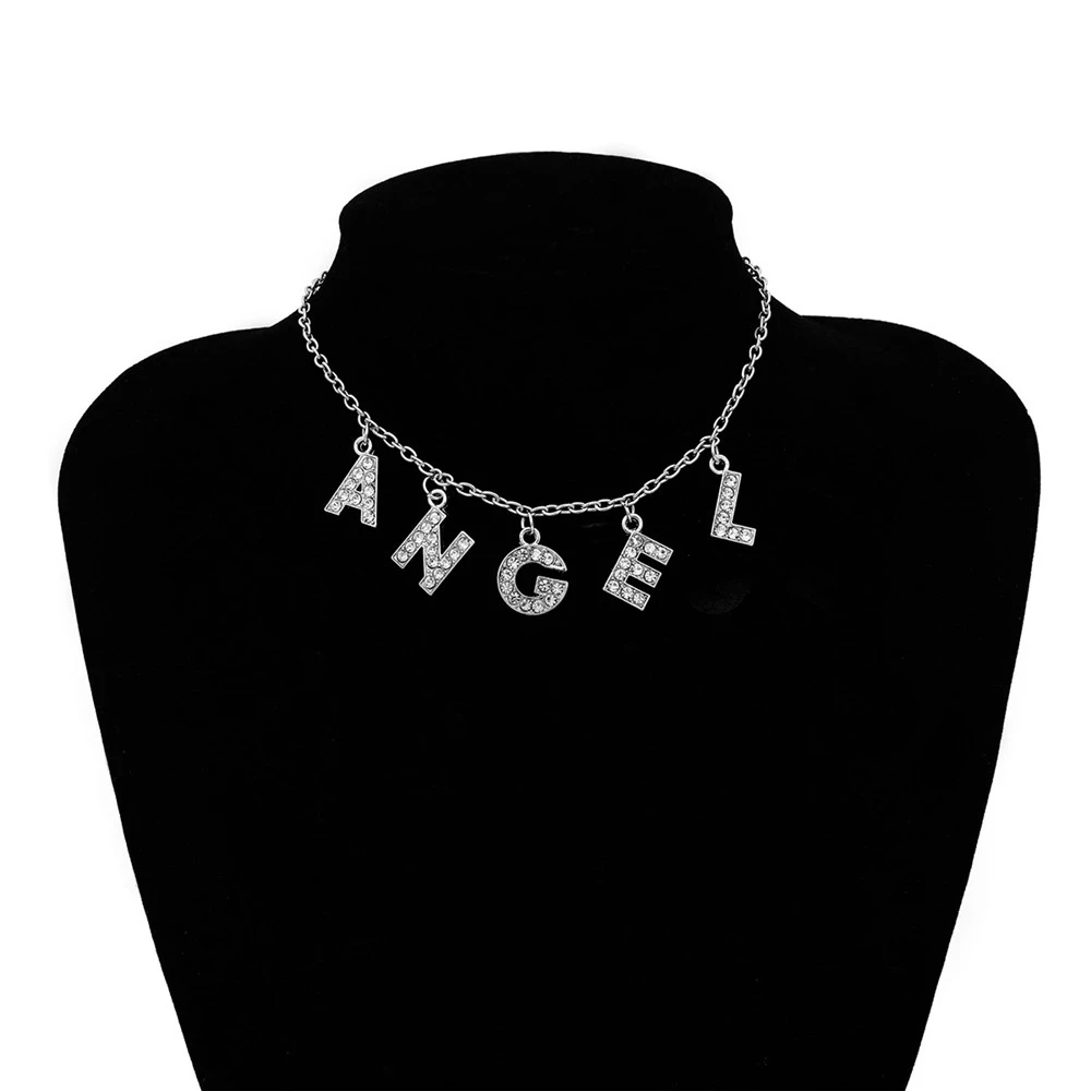 

Harajuku LOVE Letter Necklace for Women Crystal Angel Punk Choker Necklace BABY HONEY Couple Chokers Pedant Necklace Jewelry