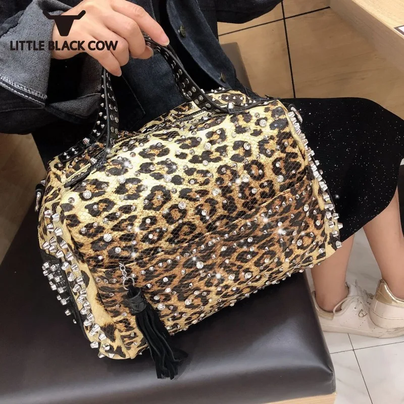 

New Personality Fashion Retro Leopard Rhinestone Handbag Rivets Shoulder Bag Ladies Casual Big Totes Crossbody Messenger Bag