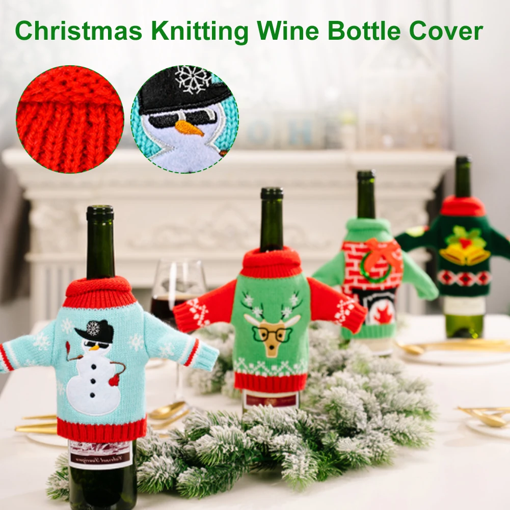 

New 1PC 26x18 Cm Knitted Snowman Moose Joy Tree Christmas Wine Bottle Cover Bag Sleeve Bell Elk Xmas Decor