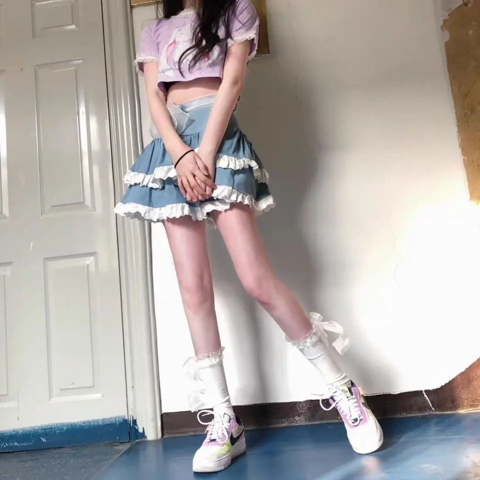 

Summer Korean Fashion Lace Denim Short Skirt High Waist Pettiskirt Cute Student Hot Girl French Japanese Cake Women Mini Skirts