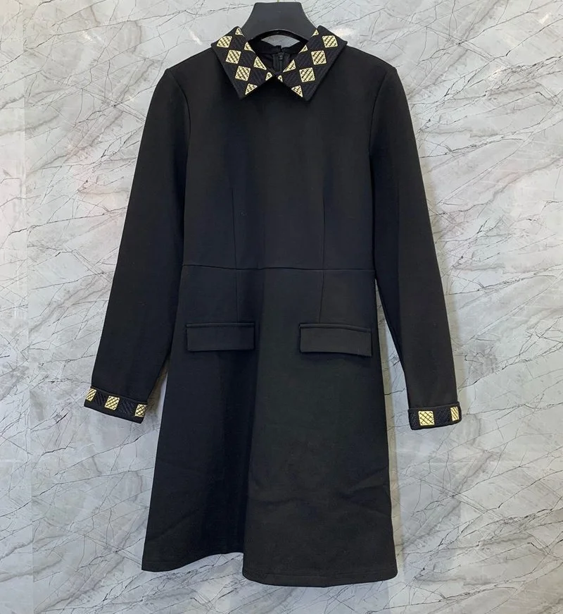 100%Cotton Dress 2021 Autumn Winter Style Women Turn-down Collar Geometric Patterns Embroidery Long Sleeve A-Line Black Dress