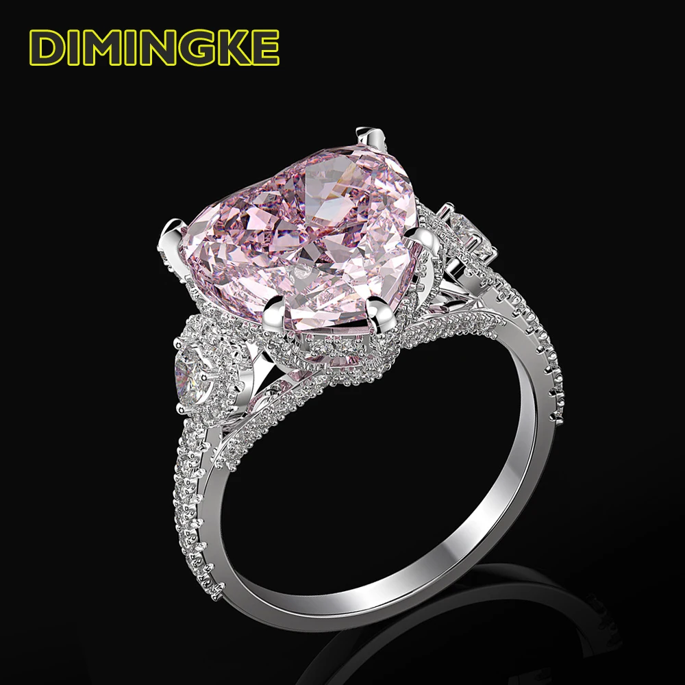 

DIMINGKE 12*12MM Super Flash Heart-shaped Pink Diamond Diamond Ring 100%-S925 Sterling Silver Wedding Proposal High Jewelry