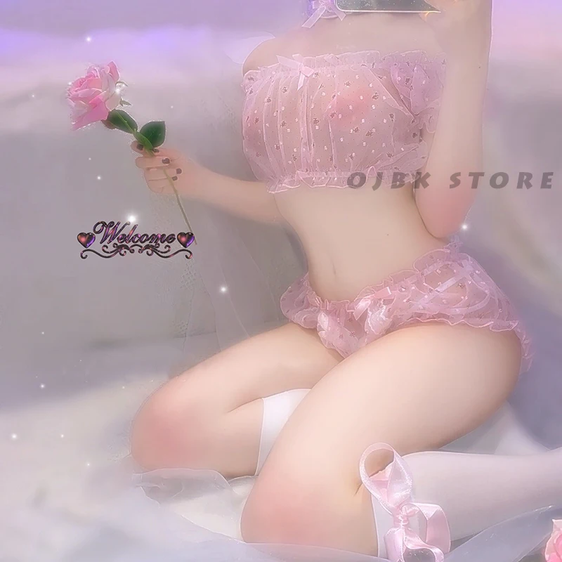 Pink Сексуальный перспективный бюстгальтер, топы с коротким рукавом, нижнее белье-шорты, набор для женщин, марля, цветочный принт, оборки, каваи белье, домашняя одежда - Цвет: Pink