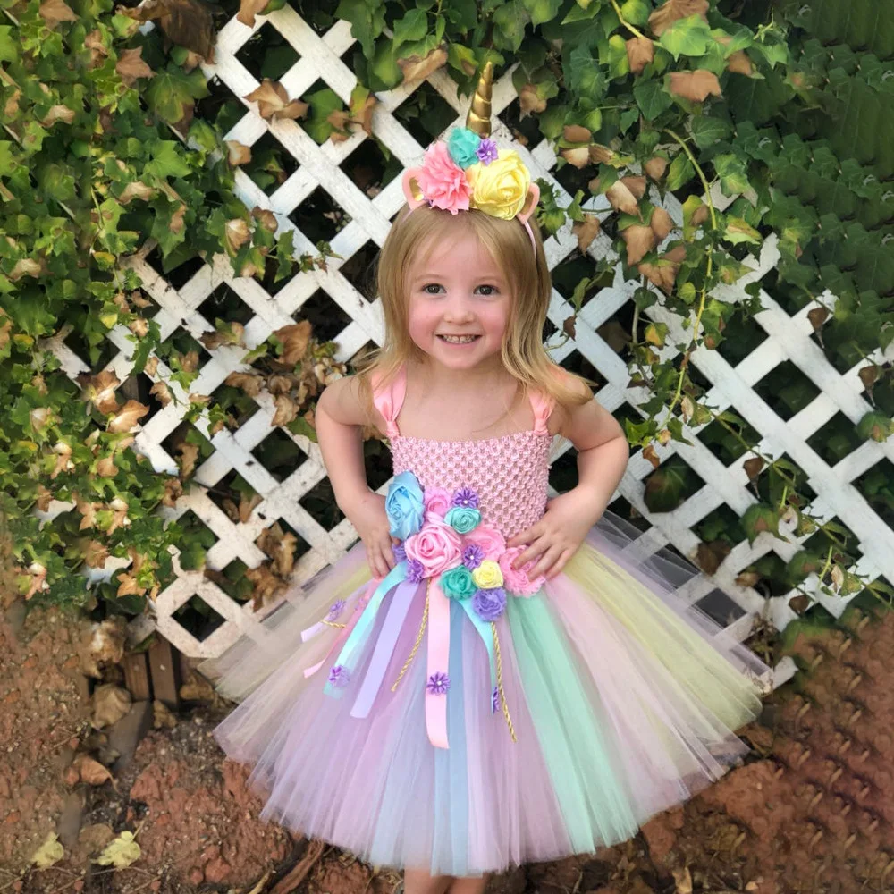 Детское нарядное платье-пачка с цветочным рисунком и единорогом для девочек