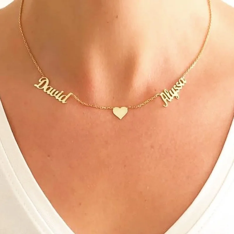 

Double Name Custom Necklaces Personalized Stainless Steel Heart Necklace Gold Color Family Chocker Necklaces For Women