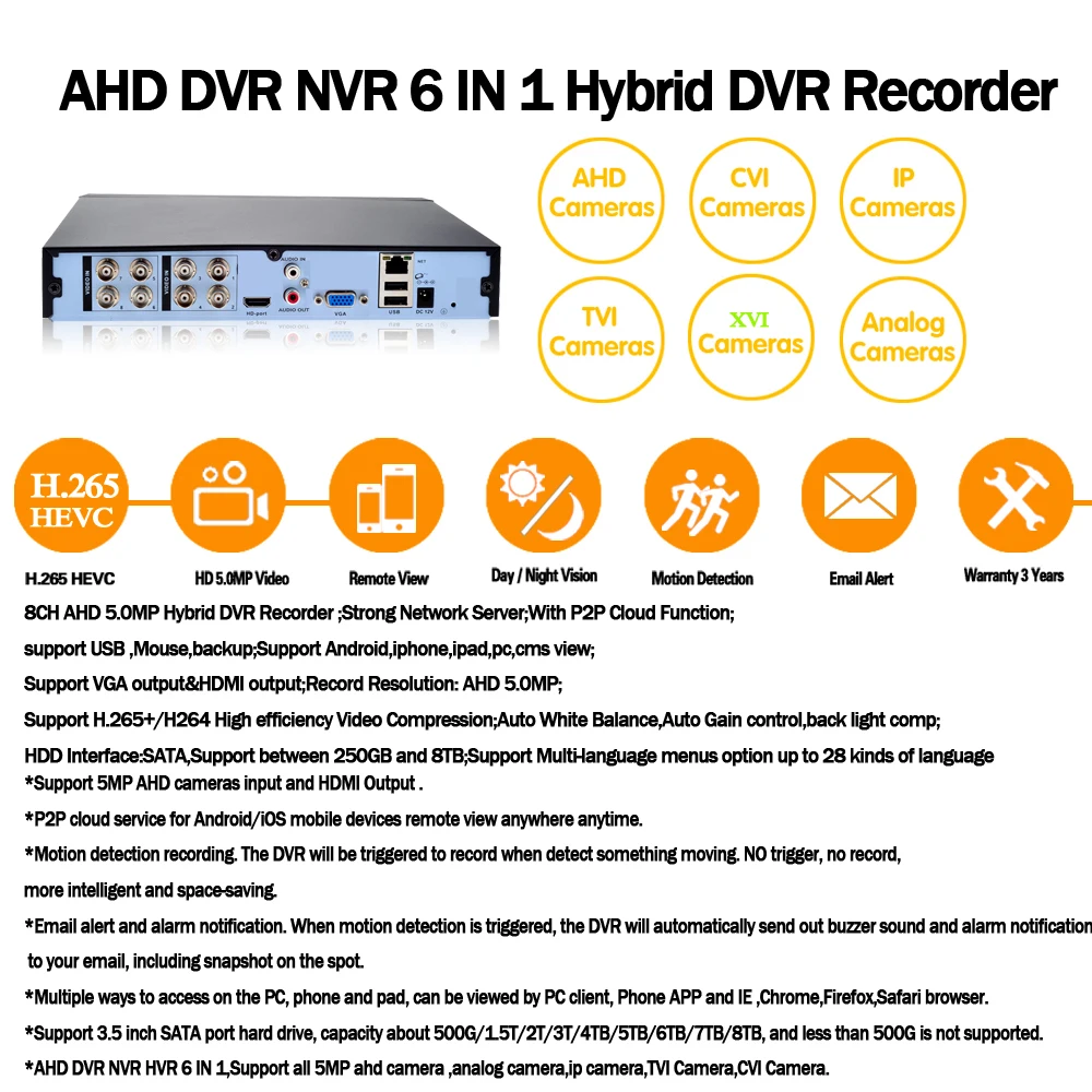 Гибридный видеорегистратор 6 в 1 5 МП AHD DVR NVR 8 каналов 1080P 4 Onvif RS485 Coxal Control P2P