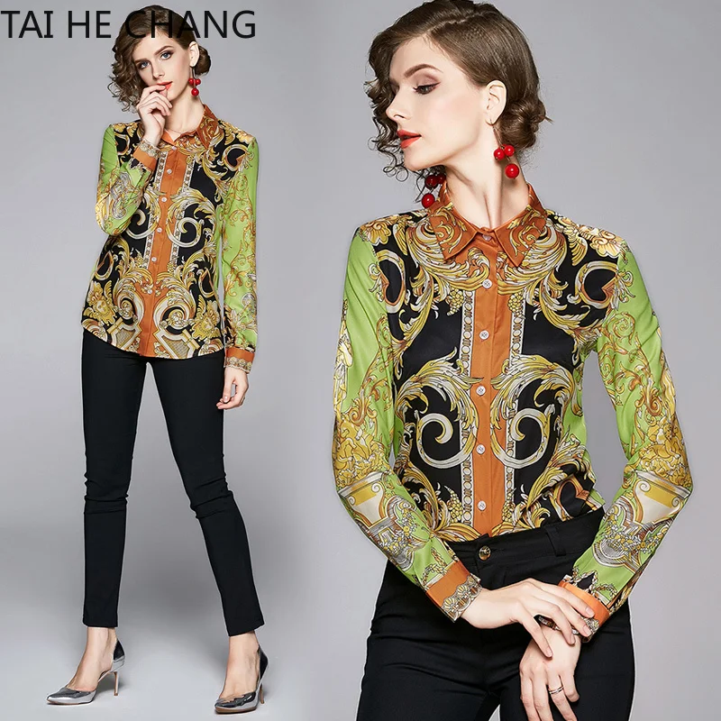 

2019 New Tops Summer Fashion Retro Casual Shirt Long Sleeve Print Vintage Work Office Blouses Shirts Women