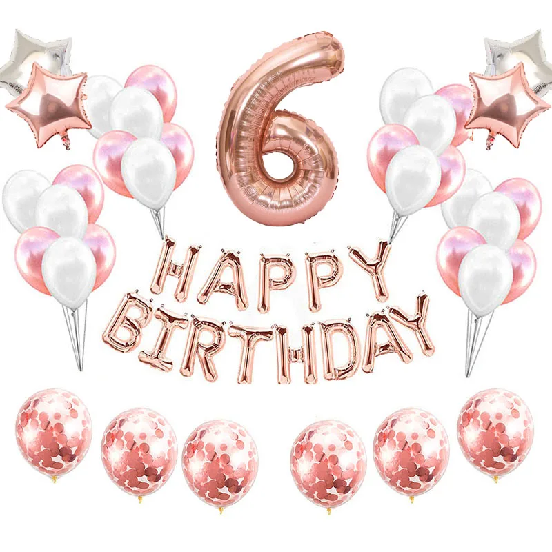 

36pcs Rose Gold Number Foil Latex Balloons Happy Birthday Party Decorations Kids Baby Boy Girl 1st 1 2 3 4 5 6 7 8 9 Years Old
