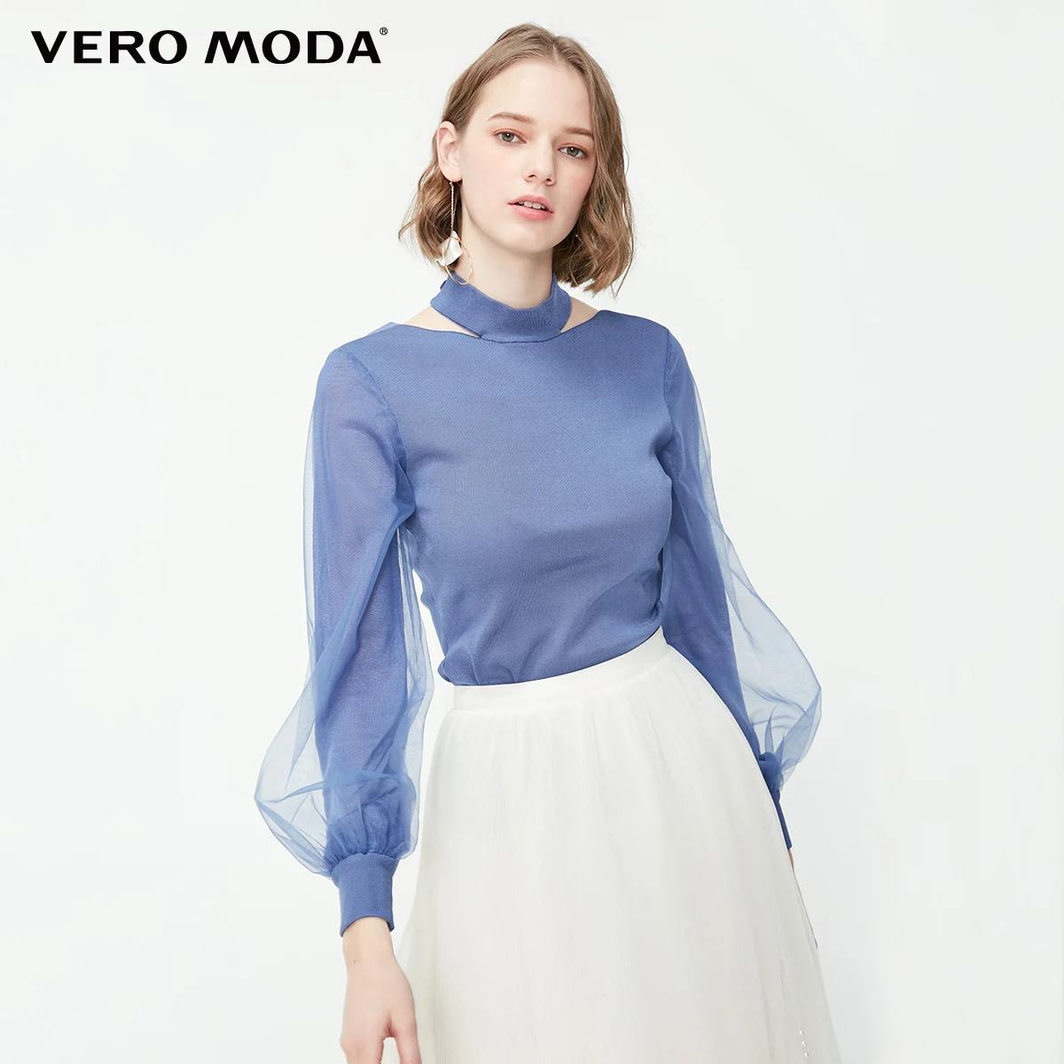 Vero Moda женский гаузи воздушный шар рукава сзади шеи лента вязаный Топ | 319124527 - Цвет: E40 Bijou blue