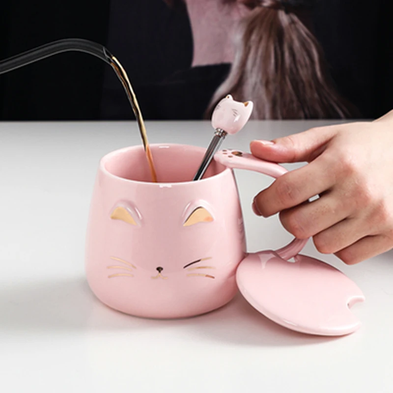 1 шт. Новый 400 мл милый кот Керамика Кофе кружка с ложкой и крышкой