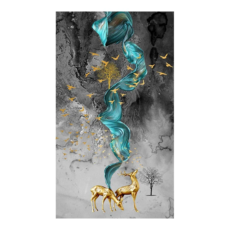 

Creative Fashion Landscape Mural Wall Painting Nordic Abstract Golden Fawn Decorative Posters Elk Canvas Art Luxury Home Decor