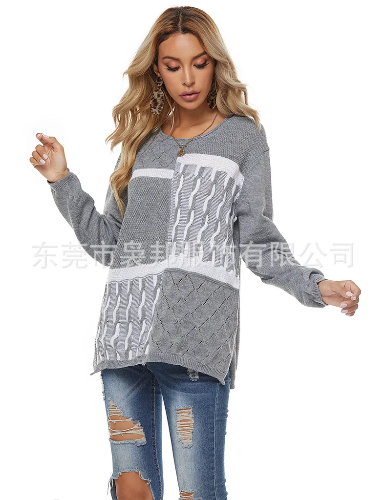 

Irregular Color Matching Sweater Women's Contrasting European American Knitted Pullover Sweater Spring Autumn Fashion Sweater