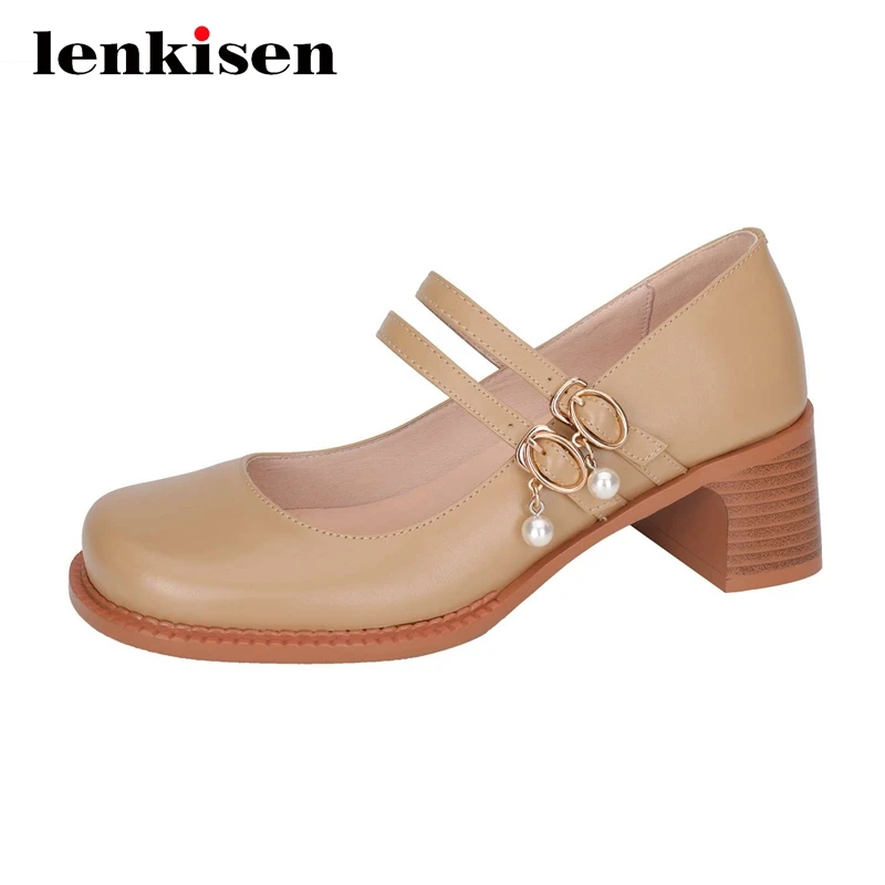 

Lenkisen big size french romantic natural leather pearl pendant round toe thick high heel buckle straps gorgeous dress pumps L89