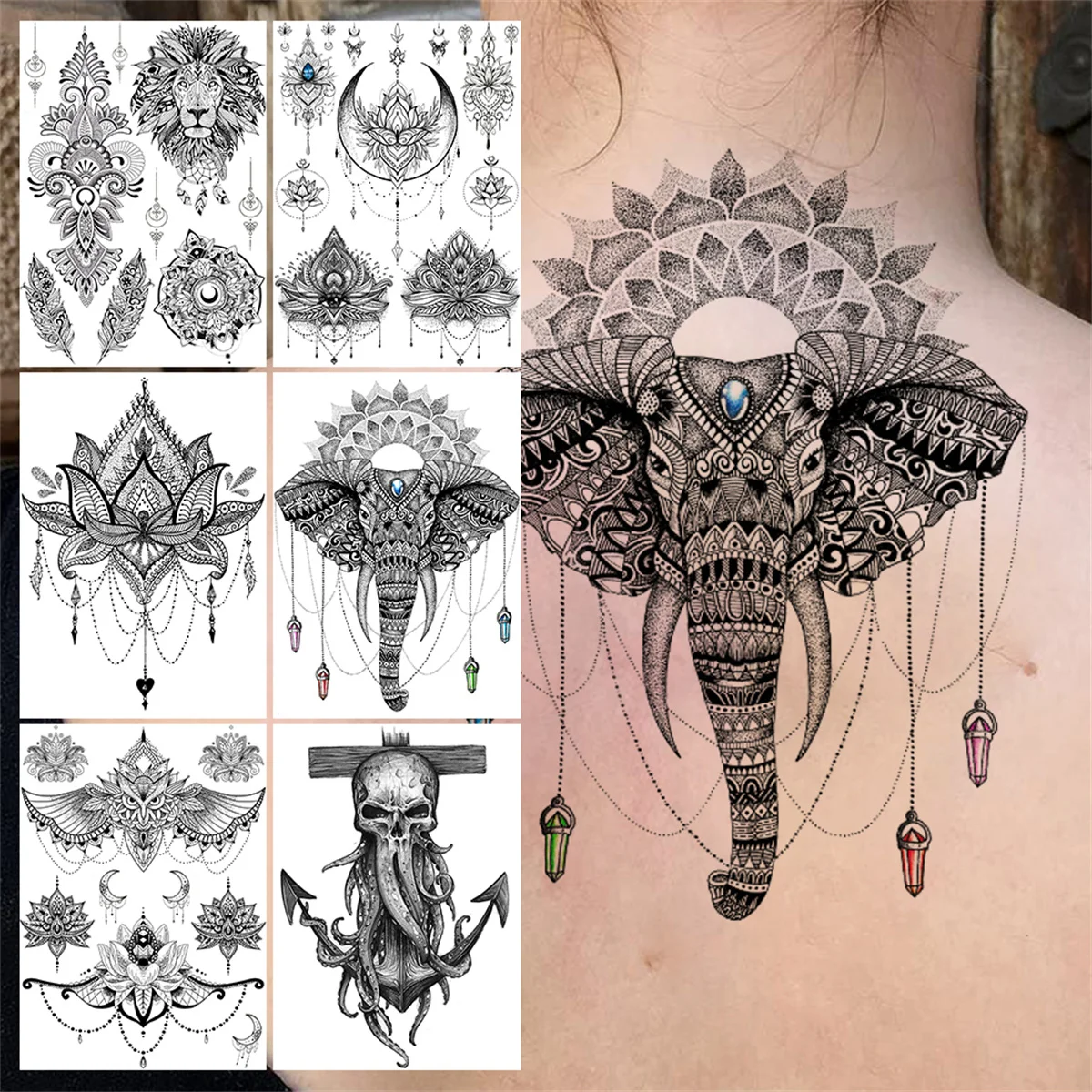 

Tribal Diamond Elephant Temporary Tattoos For Women Girl Large Black Henna Tattoo Sticker Fake Mandala Flower Anchor Tatoos Back