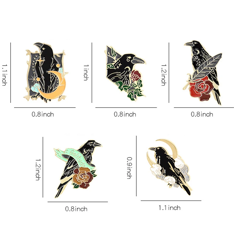 

5Pcs Crow Bird Feather Flowers Brooches Bag Lapel Pin Punk Badge Jewelry Gift