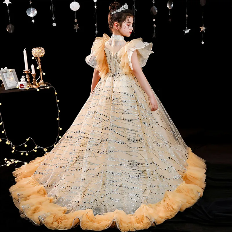 

Children Girls Exquisite Design Luxury Evening Party Princess Long Tail Dress Model Catwalk Clothes Girls Wedding Ceremony Dress