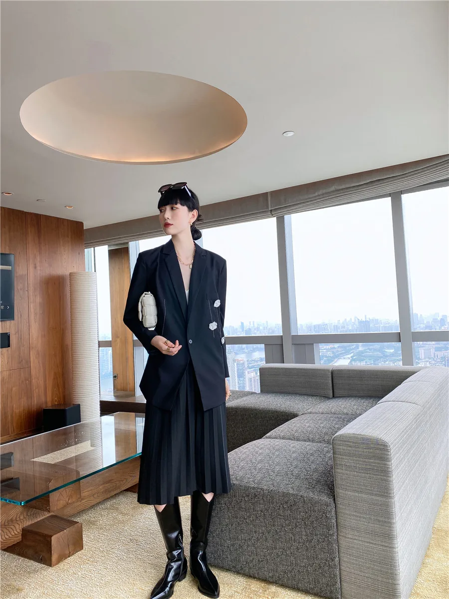 

Handmade Arched Needle Black Flower Suit Coat Original Design Office Lady Women Loose Splicing Street Clothes