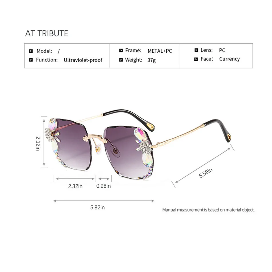

2020 New Fashion Sunglasses Handmade Rimless Square Rhinestone Butterfly Glasses Gradient Shades for Women Summer UV400