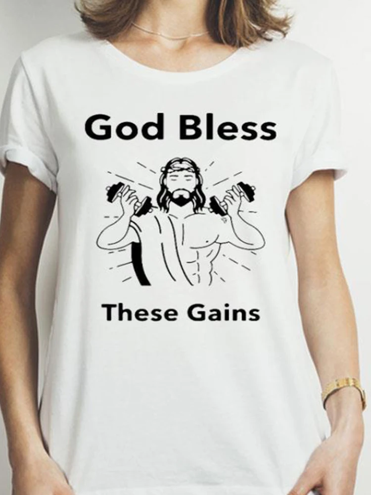 

God Bless These Gains Funny Printed Unisex Graphic T Shirts Workout Tee Shirts Cotton Oversized T-shirts Dropshippping Clothes