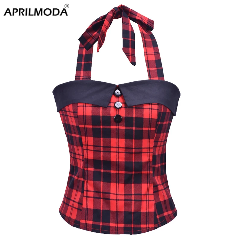 Красный Клетчатый винтажный укороченный топ летняя одежда для женщин ретро Топ в