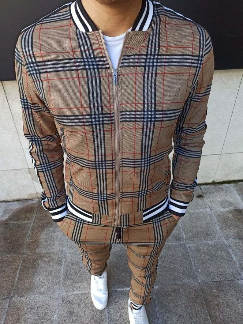 

Fall 3D Plaid Print Men's Suit Sport Casual Suits Men's Stylish British Set Style Gentleman's Jacket Tie UP Trousers Two Pieces