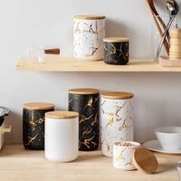 Golden Marble Texture Ceramic Storage Jar with Lid Nordic Modern Tea Candy Snacks Jars Cereal Dispenser Kitchen Canister Sets