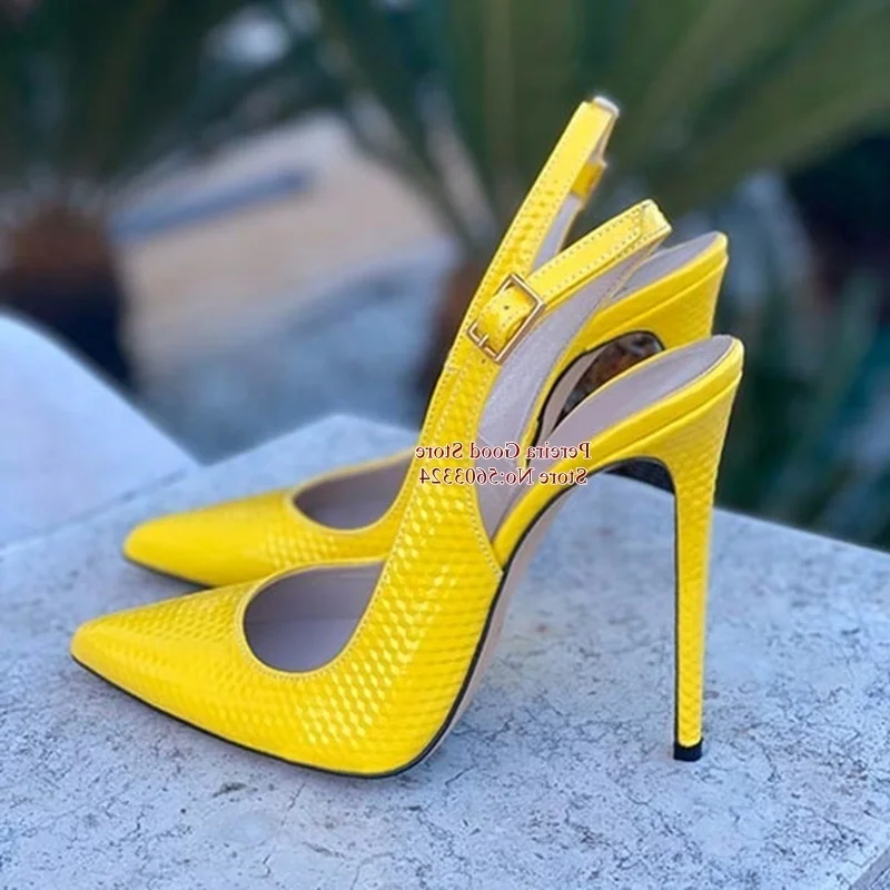 

Sexy Snakeskin Slingback Pumps Pointy Toe Shallow Stiletto Heels Dress Shoes Yellow Red Blue Pink Cut-out Heels Shoes Size45