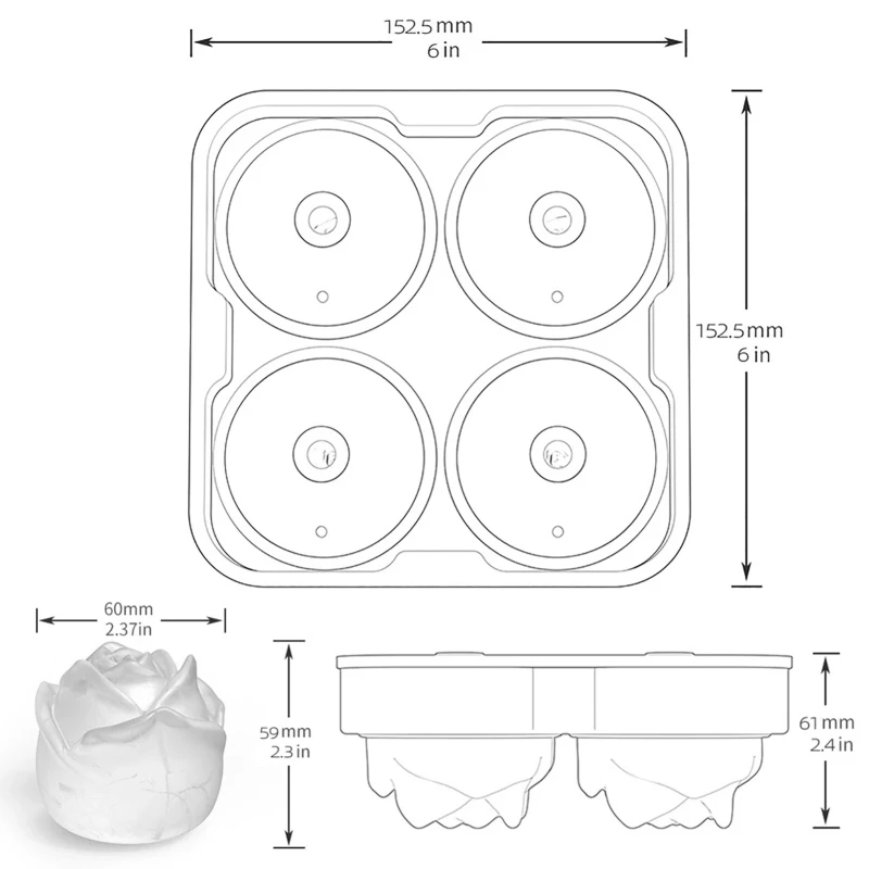 

4 Holes Silicone Rose Mold Ice Trays Makes Rose Shaped Ice Cubes Reusable Whiskey Cocktail 3D Big Ice Cream Ball Mould Bar Tool