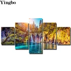 Полностью квадратная Круглая Мозаика, алмазная картина, 5 панелей, осенняя природа, озеро, лес, водопад, пейзаж, 5D Вышивка крестиком, 5 шт.