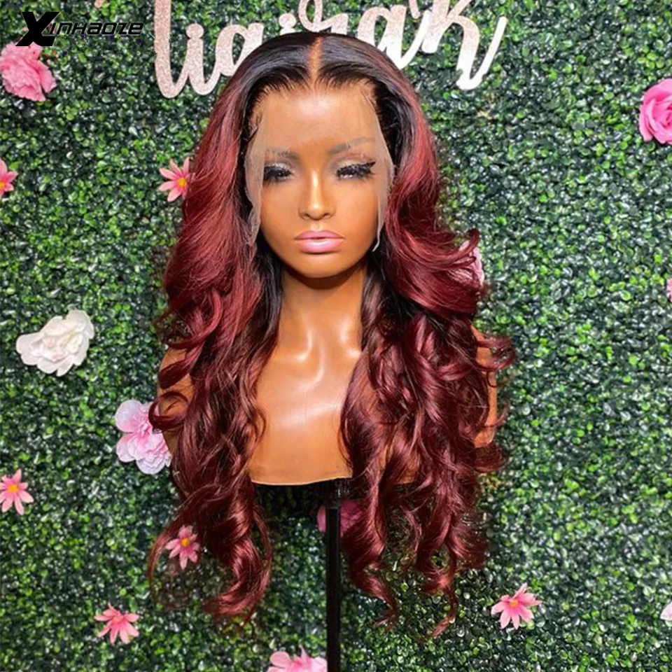 

Ombre Burgundy Body Wave 13x4 Lace Front Human Hair Wigs 1bT99J Colored 150% Peruvian Remy Hair PrePlucked 4x4 Lace Closure Wigs