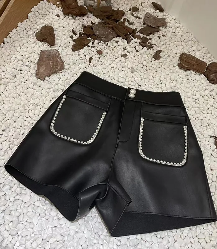 

Europe Style Fashion Women's High quality pearls beading pockets genuine leather short pants C869