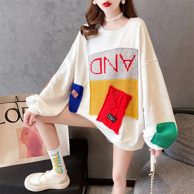 

Patchwork Women Hoodies Sweatshirt Round Neck Letter Printing Full Length Lantern Sleeve Loose Fashion 2021 Fall Women Clothes
