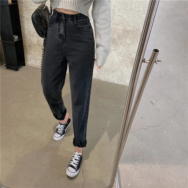

Jeans Woman High Waist Straight Nine-Point Pants All-Match Solid Color Retro Cotton Button Zipper Women'S Jeans 2020