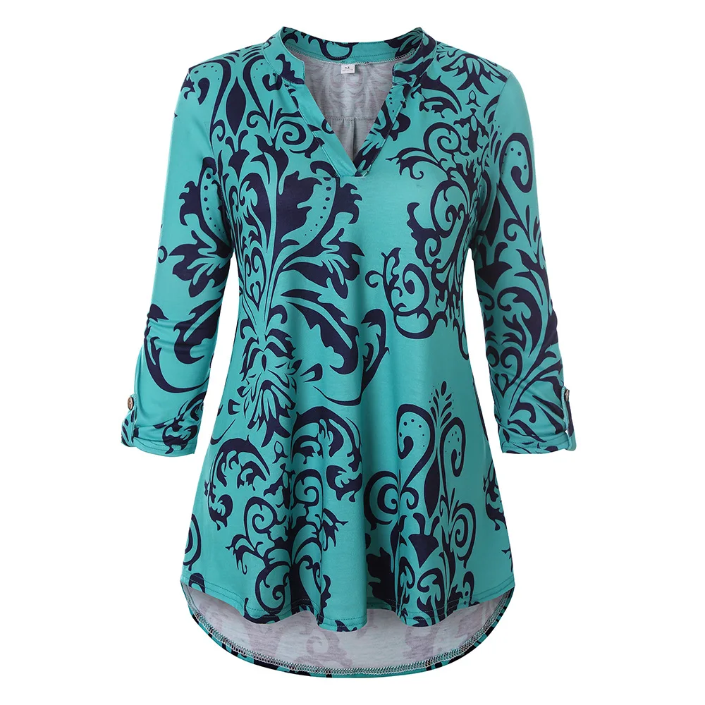 

Donsignet Fashion Women's Blouse New Spring Casual V-neck Print Loose Plus Size Three-quarter Sleeve Blouse Regular Blouse