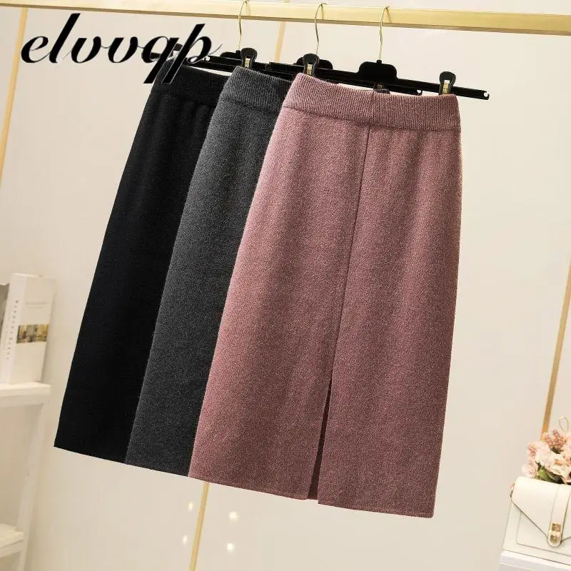 

Женская трикотажная юбка до колен, с завышенной талией