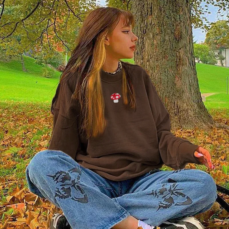 

2021 Autumn Hoodie Women Vintage Small Mushroom Embroidery Round Neck Sweatshirt Street Harajuku Long Sleeve Tops