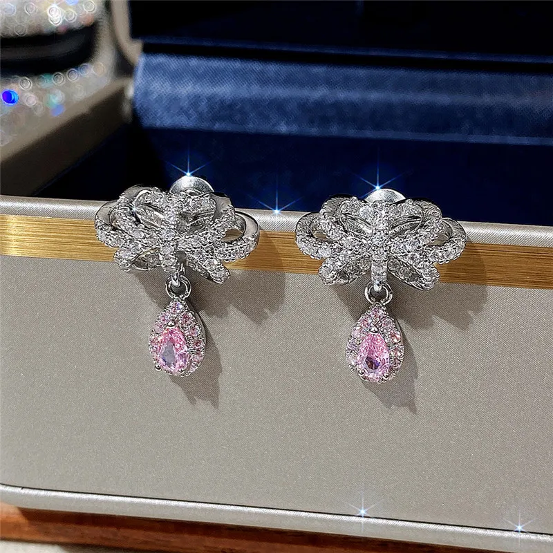 

CAOSHI Aesthetic Bow Drop Earrings Women Graceful Accessories with Shiny Cubic Zirconia Romantic Wedding Jewelry Cute Girl Gift