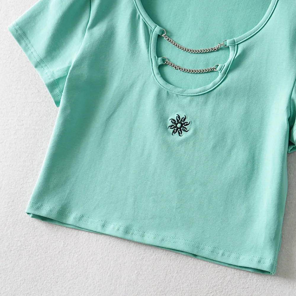 

Fashion Street Wear Ladies Short Sleeve O neck Embroidered Flower Crop Top sexy crop top