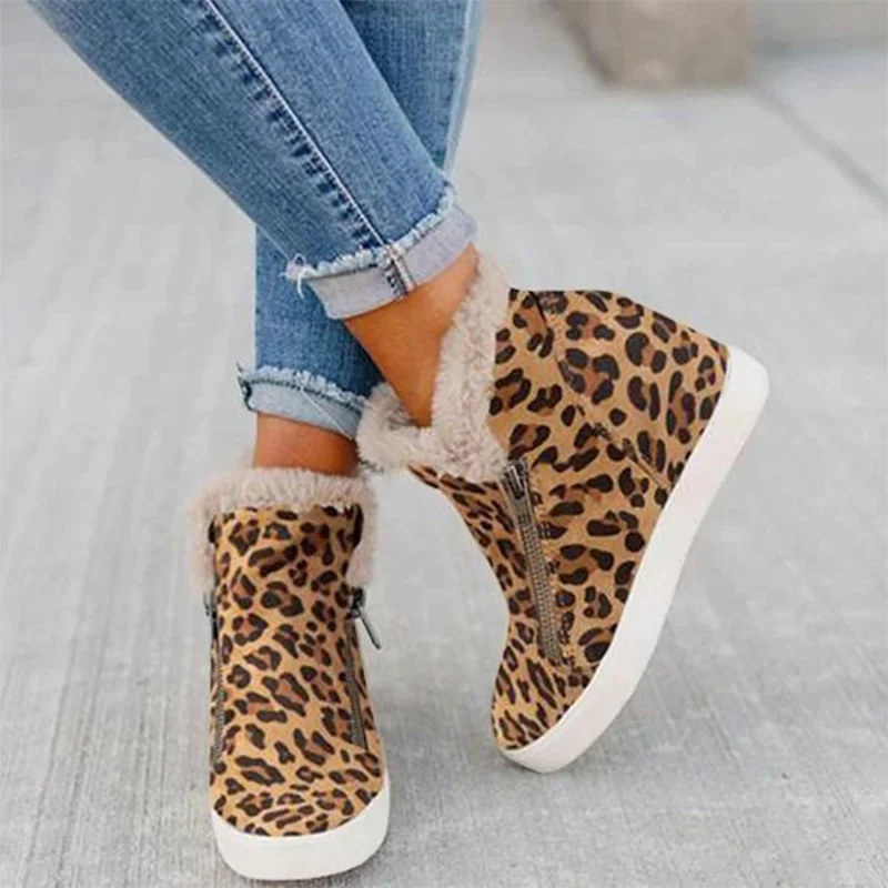

Women Boots Fashion Leopard Ankle Boot Botas De Mujer Fashion Winter Women Increase Shoe Size 43 Side Zipper Flats Booties Women