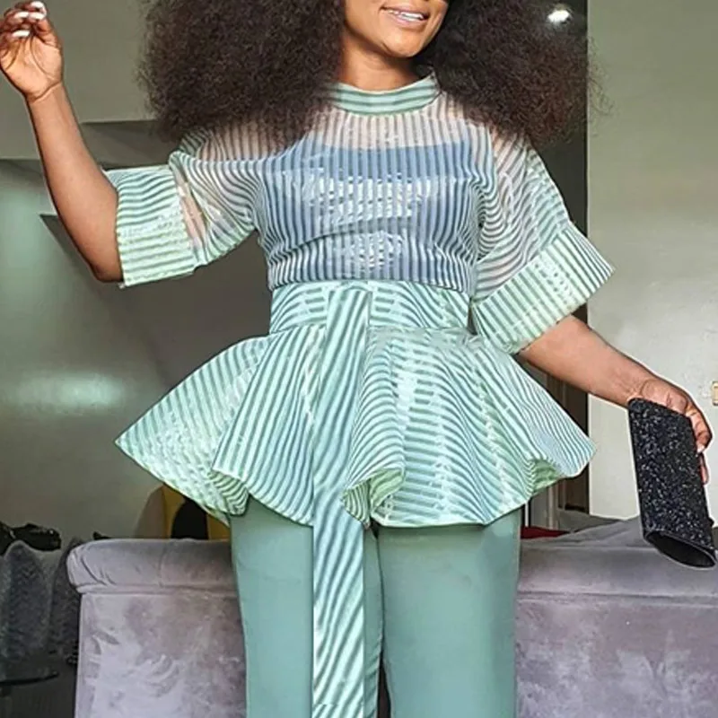 Блузка женская в полоску тонкая прозрачная рубашка с поясом и баской модный топ