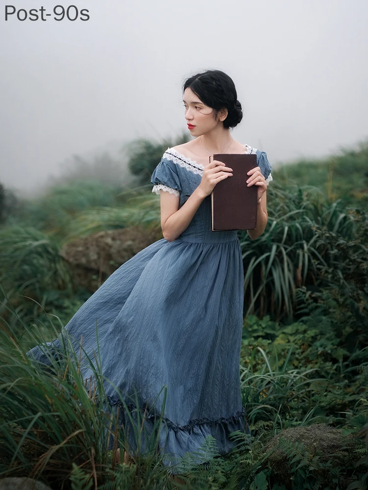 

Женское винтажное платье с вырезом лодочкой, повседневное длинное облегающее платье средней длины в европейском стиле с кружевом, голубое ...