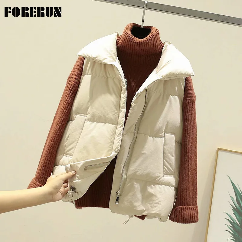 

FORERUN Winter Vest Coat Women Solid Short Stand Collar Gilet Korean Fashion Cotton Padded Body Warmer Veste Sans Manche Femme