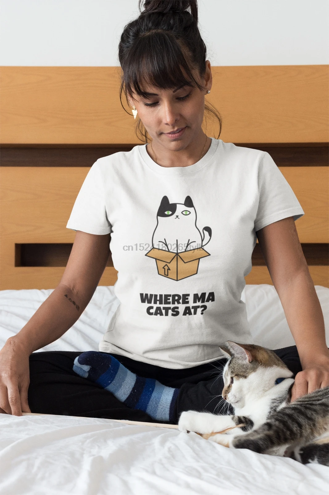 Где мА кошки на леди облегающая футболка Crazy Cat Леди коробка забавная Футболка с