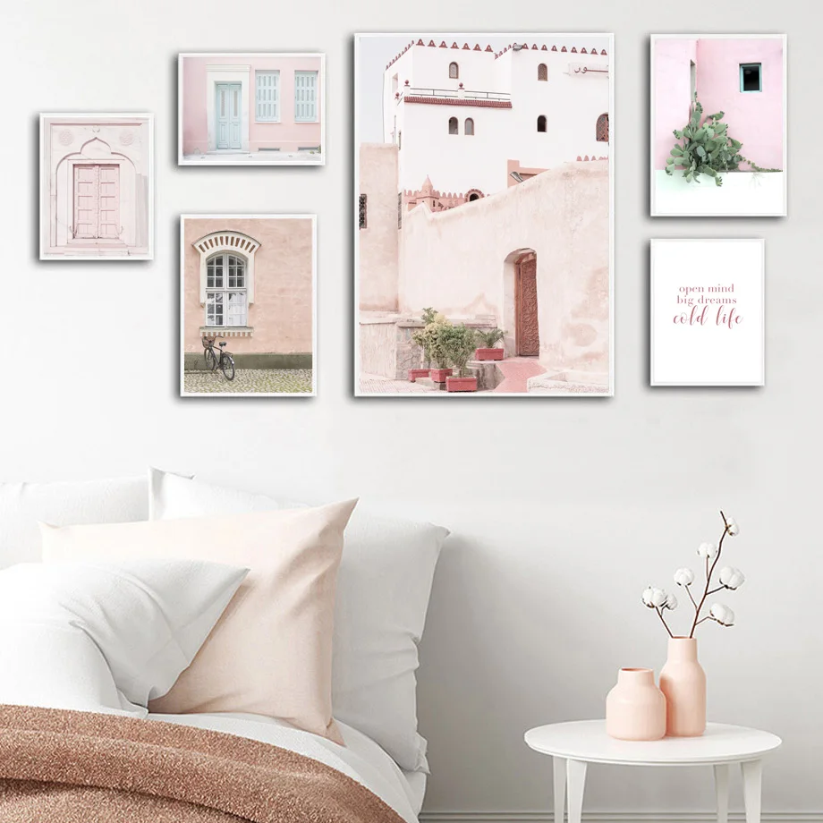 

Pink Door Building Cactus Quotes Lanscape Wall Art Canvas Painting Nordic Posters And Prints Wall Pictures For Living Room Decor