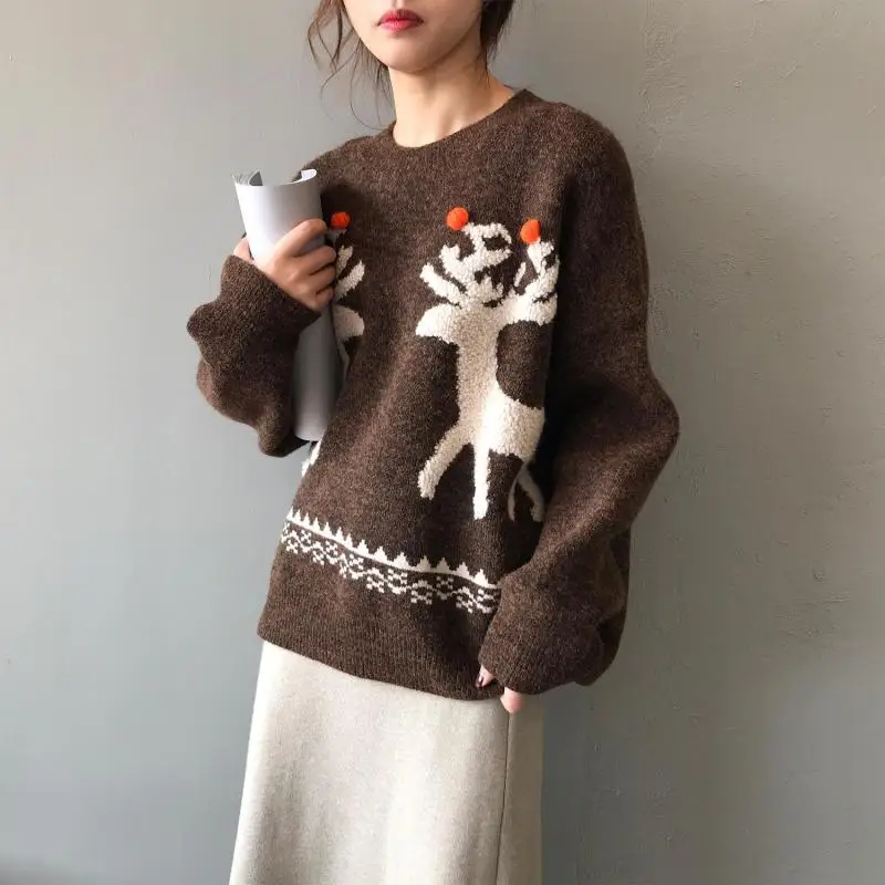 Johnature Thick Sweater Pullovers Women Clothes 2020 New Spring O-neck Print Leisure Animal Deer Casual Concise Sweaters | Женская