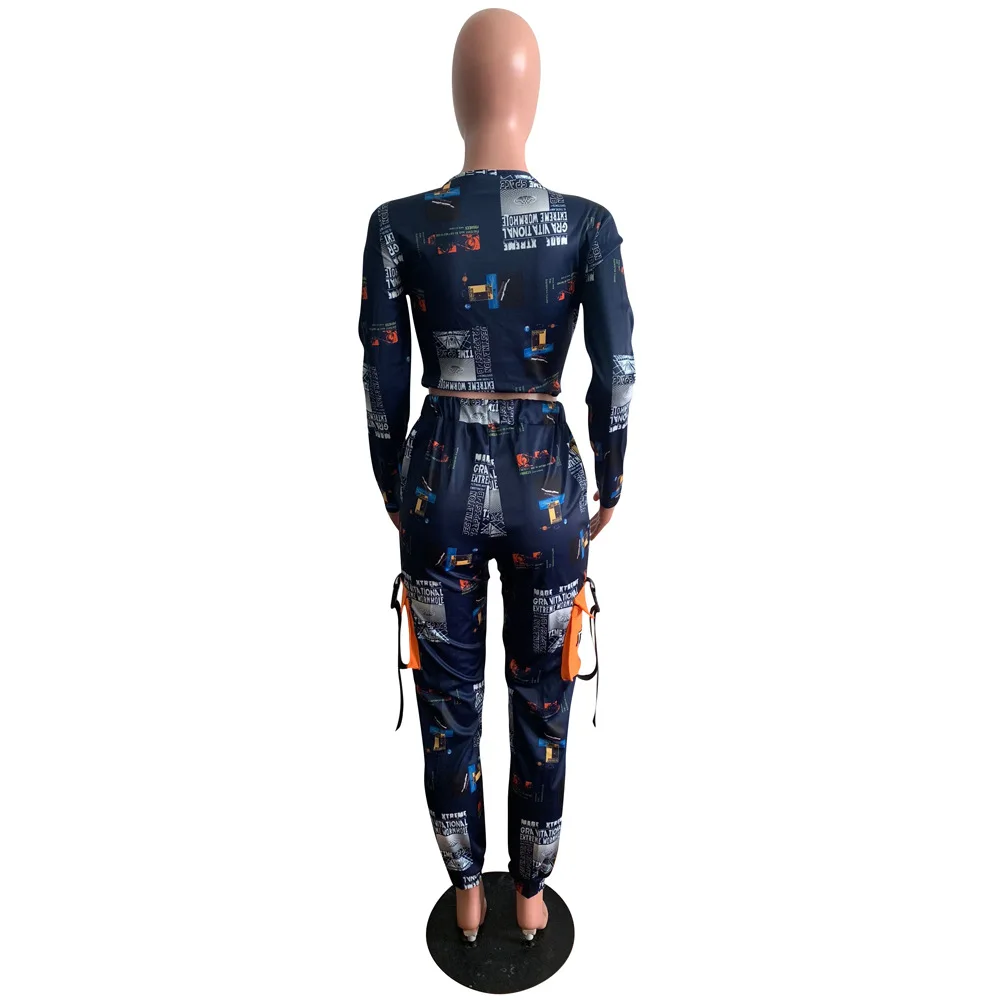 

CN975 Ladies Suit Fashion Long Street Sexy V-neck Letter Printing Top Personality Pocket Trousers Casual Jogging Suit Women