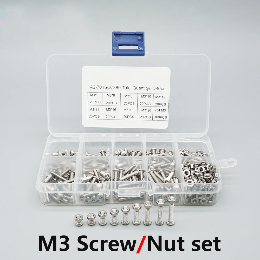 3D Printer Parts M3 Screw Nut Set Stainless Steel Hexagon Socket Head Screw With Nut 340pcs