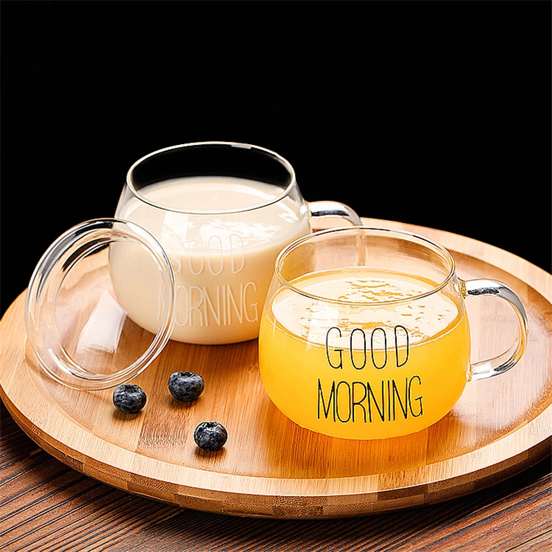 Стеклянная чашка для завтрака с ручкой крышкой большая емкость молока большого