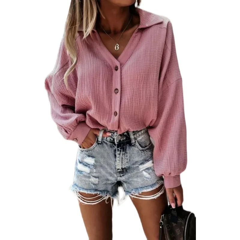 

2021 Autumn and Winter Female V-neck Lantern Sleeve Top Solid Color Shirt